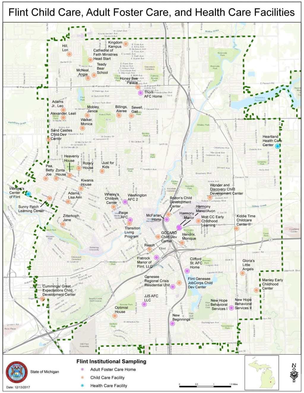Map: Flint Care Facilities Water Sampling 2016 – 2018